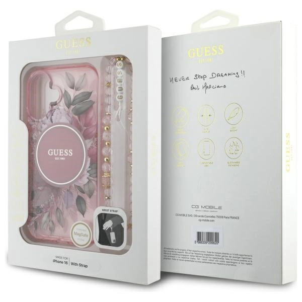 Guess IML Flowers With Pearl Strap MagSafe iPhone 16 Plus Case - Pinkeng