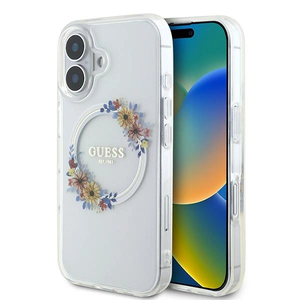 Guess IML Flowers Wreath MagSafe iPhone 16 Plus Case - Cleareng