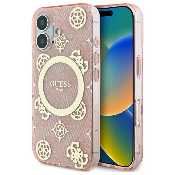 Guess IML Peony On 4G Background MagSafe iPhone 16 Case - Pinkeng