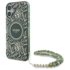 Guess IML Flowers Allover Electro With Pearl Strap MagSafe case for iPhone 16 - greeneng