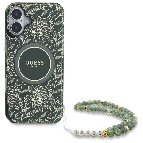 Guess IML Flowers Allover Electro With Pearl Strap MagSafe case for iPhone 16 - greeneng