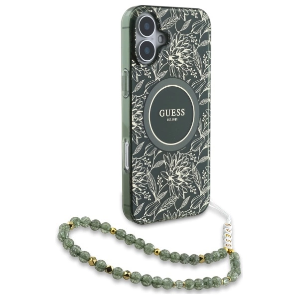 Guess IML Flowers Allover Electro With Pearl Strap MagSafe case for iPhone 16 - greeneng