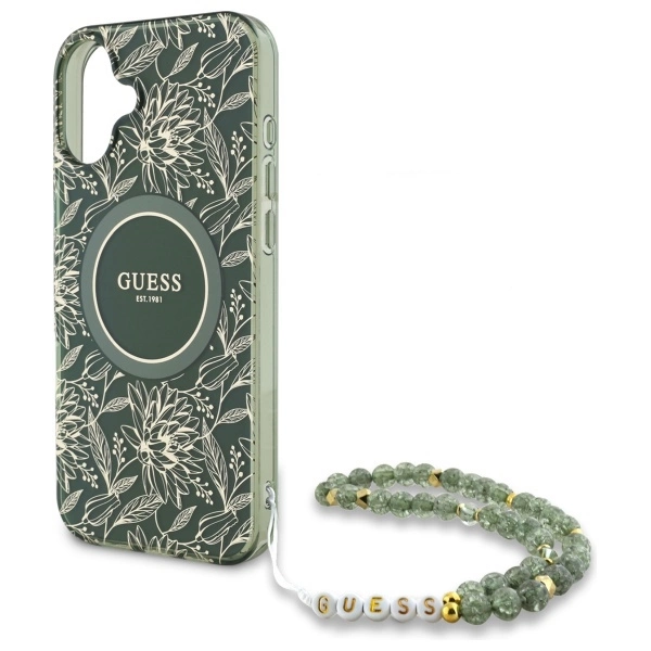 Guess IML Flowers Allover Electro With Pearl Strap MagSafe case for iPhone 16 - greeneng