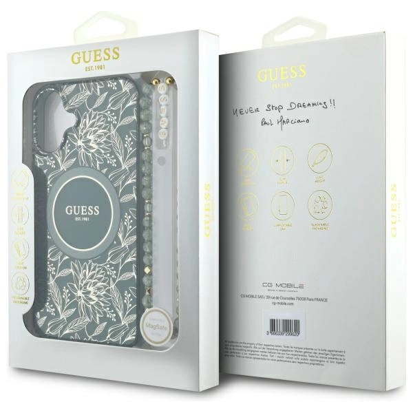 Guess IML Flowers Allover Electro With Pearl Strap MagSafe case for iPhone 16 - greeneng