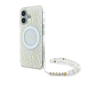 Guess IML Flowers Allover Electro With Pearl Strap MagSafe case for iPhone 16 - whiteeng