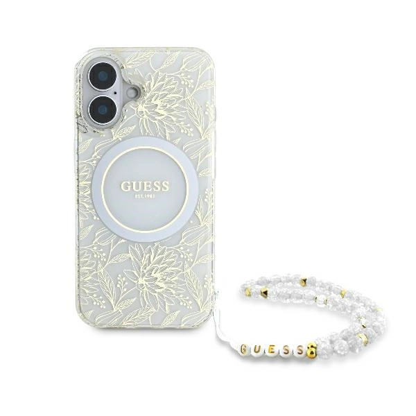 Guess IML Flowers Allover Electro With Pearl Strap MagSafe case for iPhone 16 - whiteeng