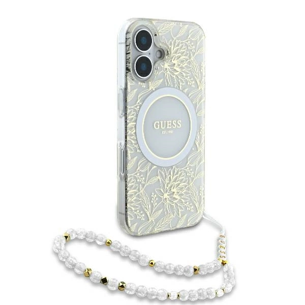 Guess IML Flowers Allover Electro With Pearl Strap MagSafe case for iPhone 16 - whiteeng