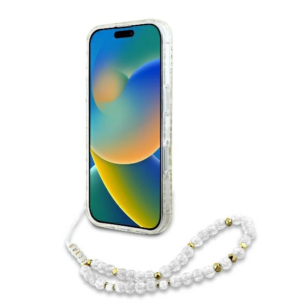 Guess IML Flowers Allover Electro With Pearl Strap MagSafe case for iPhone 16 - whiteeng