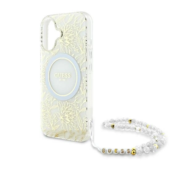 Guess IML Flowers Allover Electro With Pearl Strap MagSafe case for iPhone 16 - whiteeng
