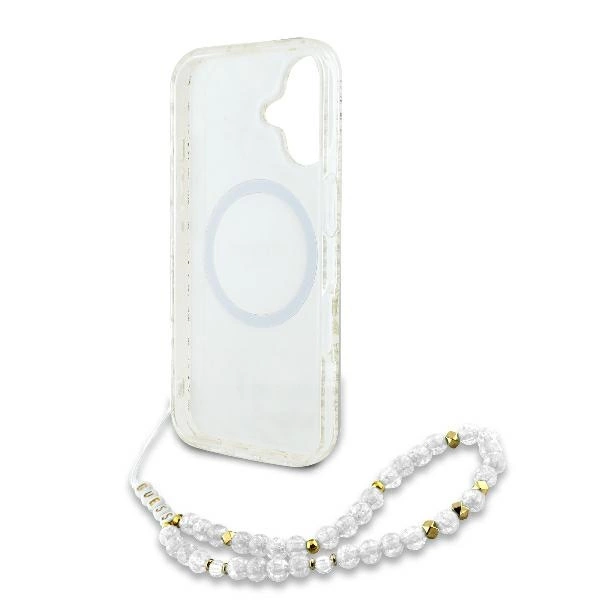 Guess IML Flowers Allover Electro With Pearl Strap MagSafe case for iPhone 16 - whiteeng