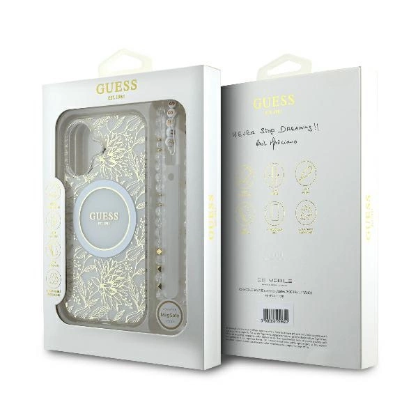 Guess IML Flowers Allover Electro With Pearl Strap MagSafe case for iPhone 16 - whiteeng