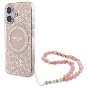 Guess IML Flowers Allover Electro With Pearl Strap MagSafe iPhone 16 Case - Pinkeng
