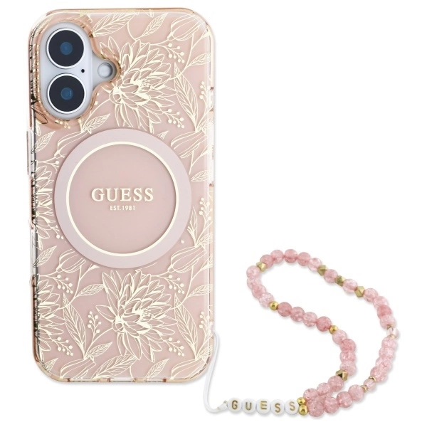 Guess IML Flowers Allover Electro With Pearl Strap MagSafe iPhone 16 Case - Pinkeng