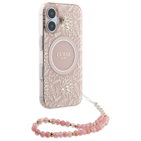 Guess IML Flowers Allover Electro With Pearl Strap MagSafe iPhone 16 Case - Pinkeng
