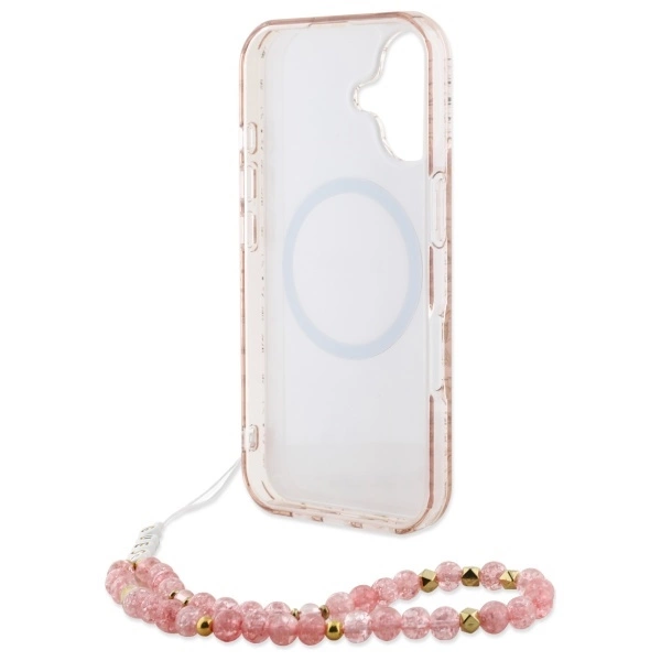 Guess IML Flowers Allover Electro With Pearl Strap MagSafe iPhone 16 Case - Pinkeng