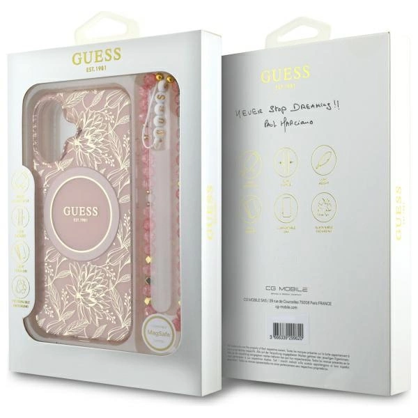 Guess IML Flowers Allover Electro With Pearl Strap MagSafe iPhone 16 Case - Pinkeng