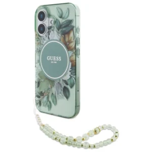 Guess IML Flowers With Pearl Strap MagSafe case for iPhone 16 - greeneng