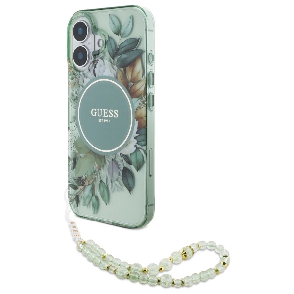Guess IML Flowers With Pearl Strap MagSafe case for iPhone 16 - greeneng