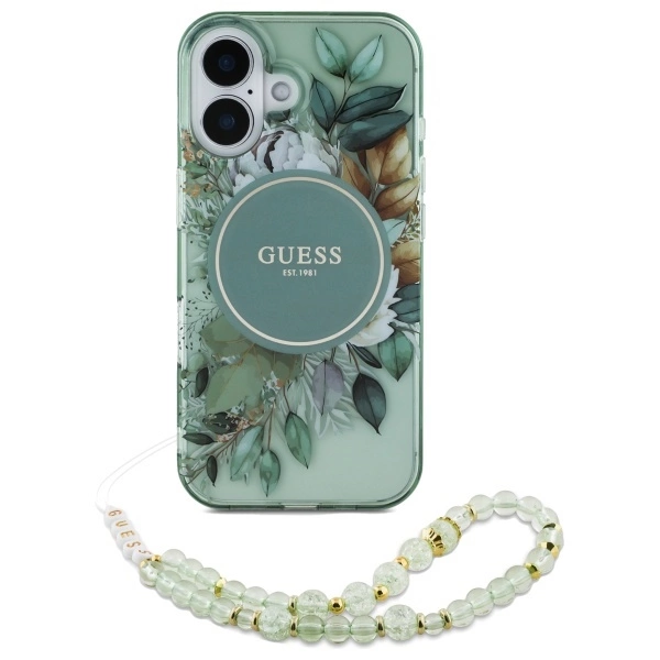 Guess IML Flowers With Pearl Strap MagSafe case for iPhone 16 - greeneng