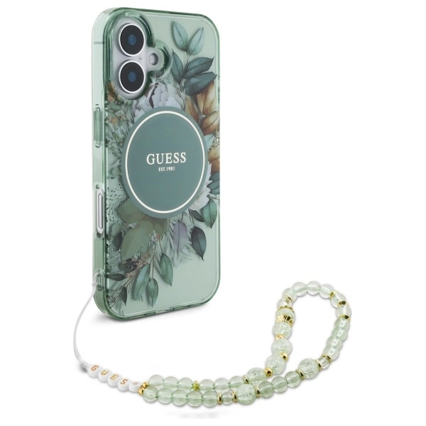 Guess IML Flowers With Pearl Strap MagSafe case for iPhone 16 - greeneng