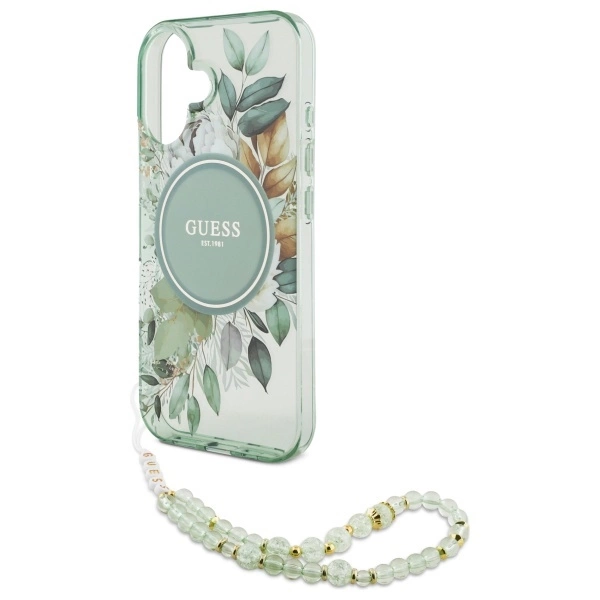 Guess IML Flowers With Pearl Strap MagSafe case for iPhone 16 - greeneng