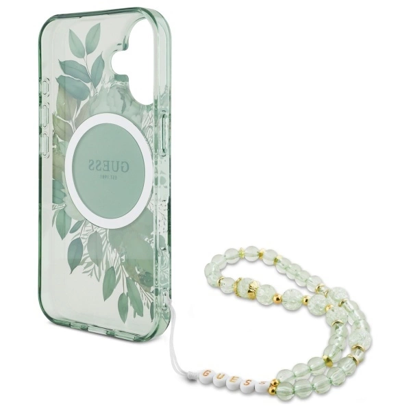 Guess IML Flowers With Pearl Strap MagSafe case for iPhone 16 - greeneng