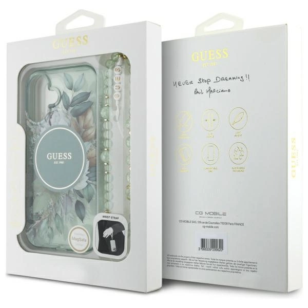 Guess IML Flowers With Pearl Strap MagSafe case for iPhone 16 - greeneng