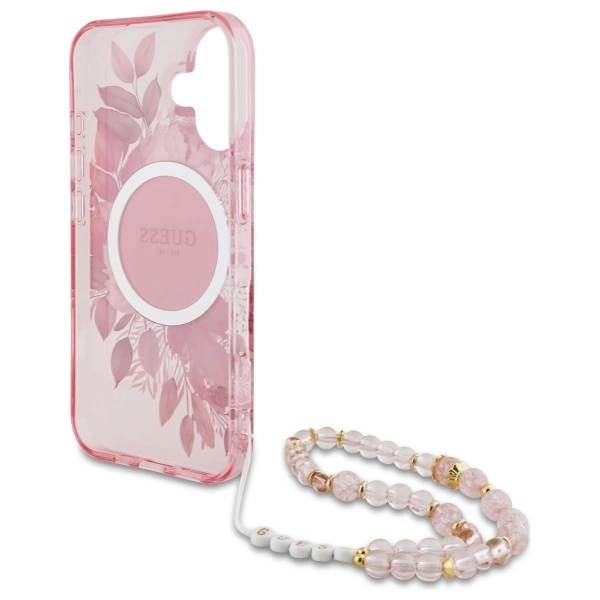 Guess IML Flowers With Pearl Strap MagSafe iPhone 16 Case - Pinkeng