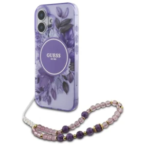 Guess IML Flowers With Pearl Strap MagSafe case for iPhone 16 - purpleeng