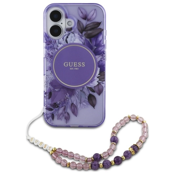 Guess IML Flowers With Pearl Strap MagSafe case for iPhone 16 - purpleeng