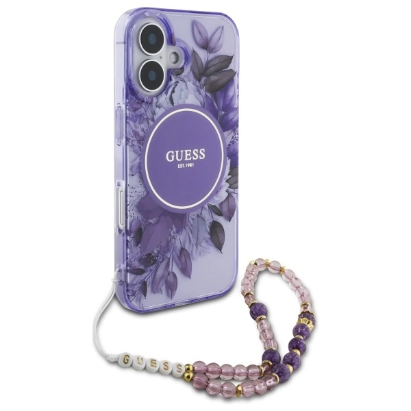 Guess IML Flowers With Pearl Strap MagSafe case for iPhone 16 - purpleeng