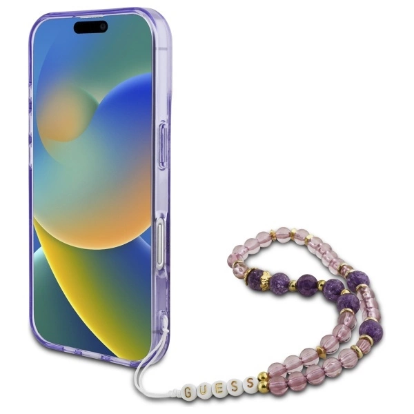 Guess IML Flowers With Pearl Strap MagSafe case for iPhone 16 - purpleeng