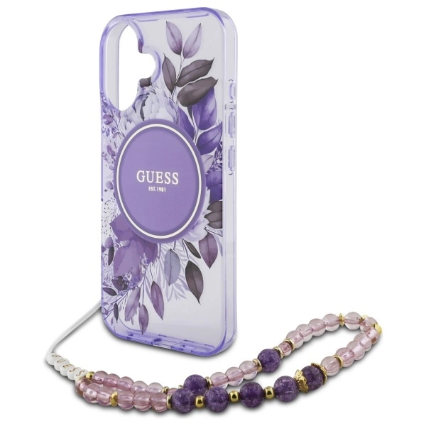 Guess IML Flowers With Pearl Strap MagSafe case for iPhone 16 - purpleeng