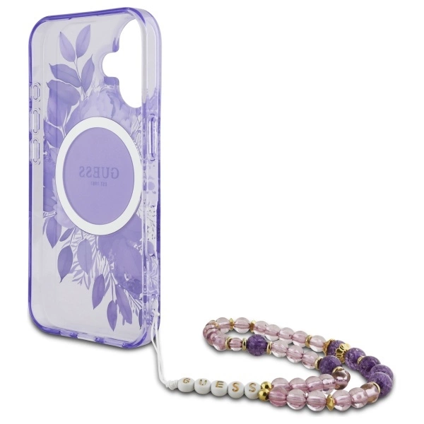 Guess IML Flowers With Pearl Strap MagSafe case for iPhone 16 - purpleeng