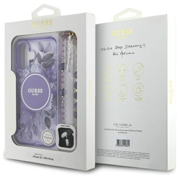 Guess IML Flowers With Pearl Strap MagSafe case for iPhone 16 - purpleeng