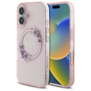 Guess IML Flowers Wreath MagSafe iPhone 16 Case - Pinkeng