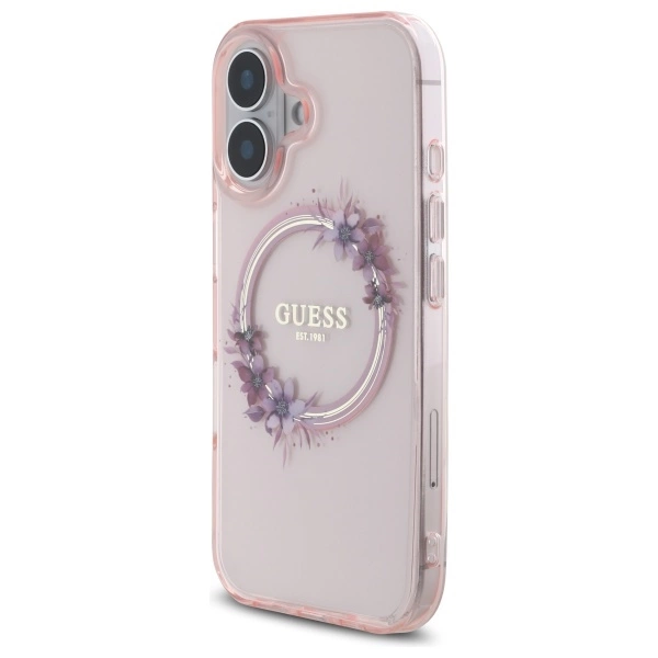 Guess IML Flowers Wreath MagSafe iPhone 16 Case - Pinkeng