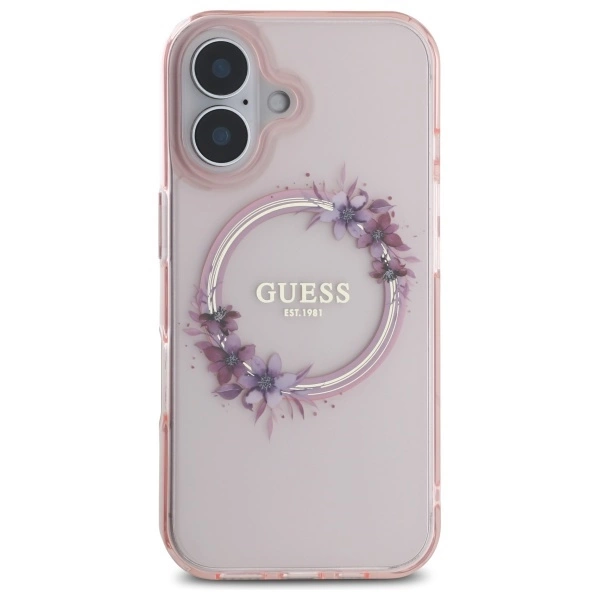 Guess IML Flowers Wreath MagSafe iPhone 16 Case - Pinkeng