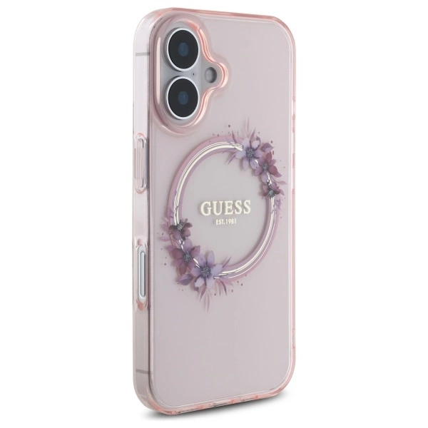 Guess IML Flowers Wreath MagSafe iPhone 16 Case - Pinkeng
