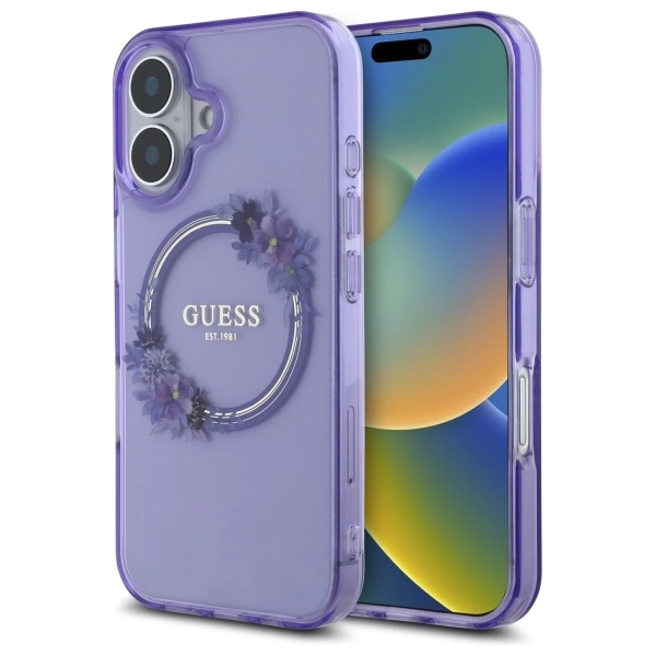 Guess IML Flowers Wreath MagSafe iPhone 16 Case - Purpleeng