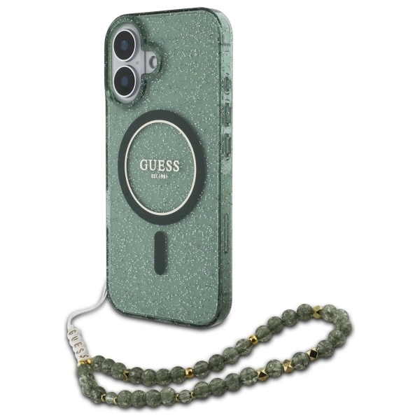 Guess IML Glitter With Pearl Strap MagSafe case for iPhone 16 - greeneng