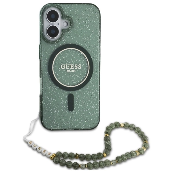 Guess IML Glitter With Pearl Strap MagSafe case for iPhone 16 - greeneng