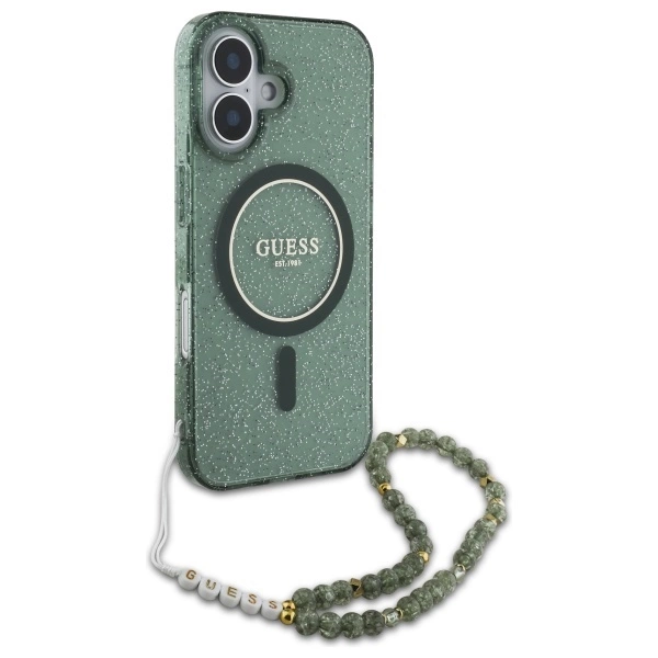 Guess IML Glitter With Pearl Strap MagSafe case for iPhone 16 - greeneng