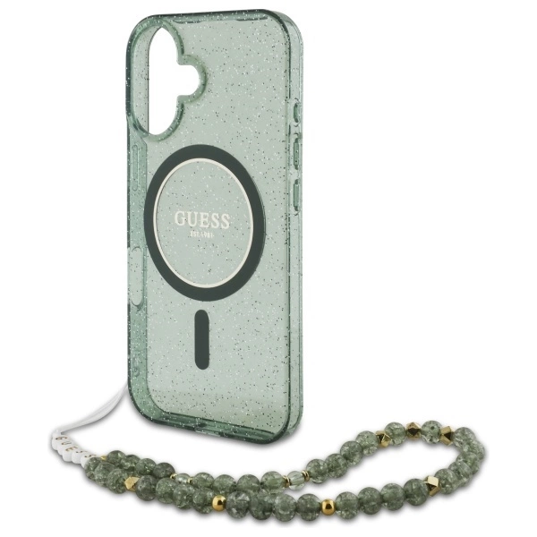 Guess IML Glitter With Pearl Strap MagSafe case for iPhone 16 - greeneng