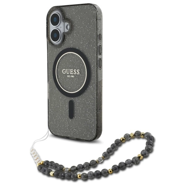 Guess IML Glitter With Pearl Strap MagSafe case for iPhone 16 - blackeng