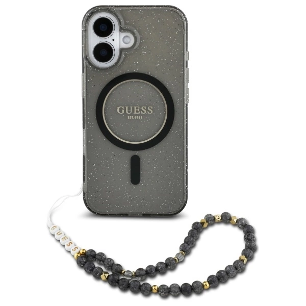 Guess IML Glitter With Pearl Strap MagSafe case for iPhone 16 - blackeng