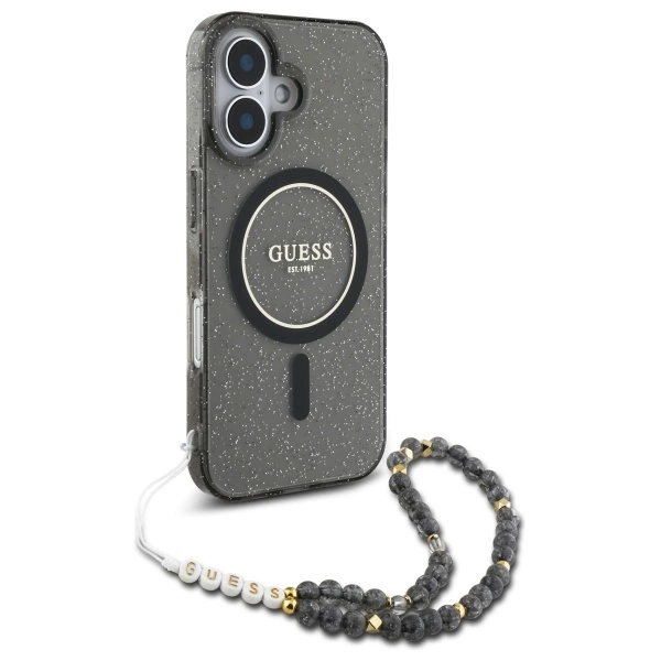 Guess IML Glitter With Pearl Strap MagSafe case for iPhone 16 - blackeng
