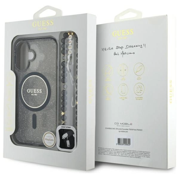 Guess IML Glitter With Pearl Strap MagSafe case for iPhone 16 - blackeng