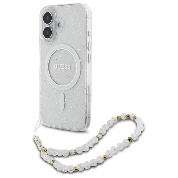 Guess IML Glitter With Pearl Strap MagSafe iPhone 16 Case - Cleareng
