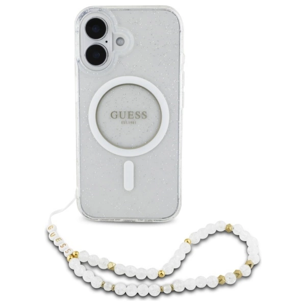 Guess IML Glitter With Pearl Strap MagSafe iPhone 16 Case - Cleareng